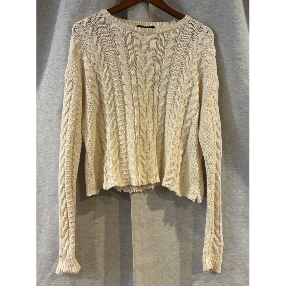 Lauren Ralph Lauren Fisherman Knit Long Sleeve Sweater Raw Hem Preppy Cropped XL